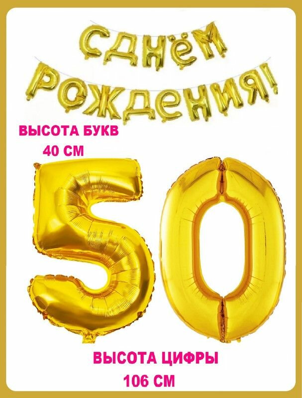 Набор шаров Цифра 50 + Гирлянда в виде надписи С днем рождения! золотые (шз5)(шз0)(шзг)