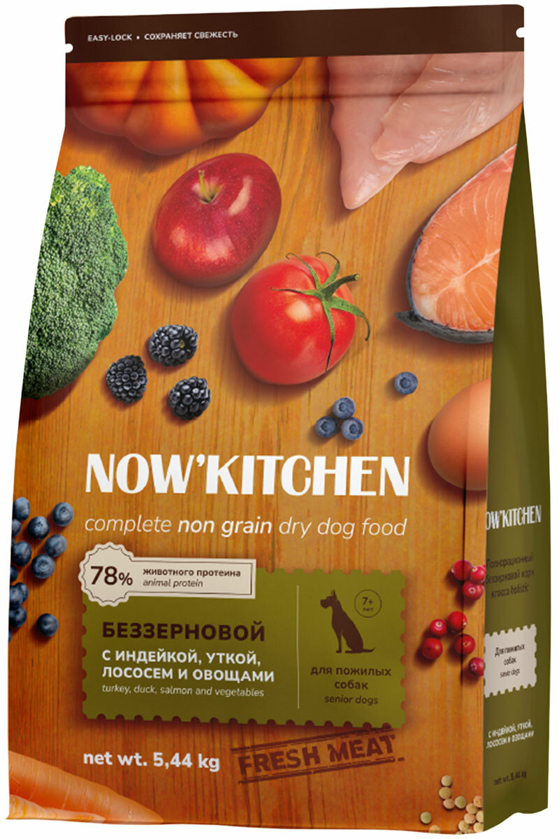 NOW'KITCHEN беззерновой для пожилых собак старше 7 лет с индейкой, уткой и лососем 5,44 кг