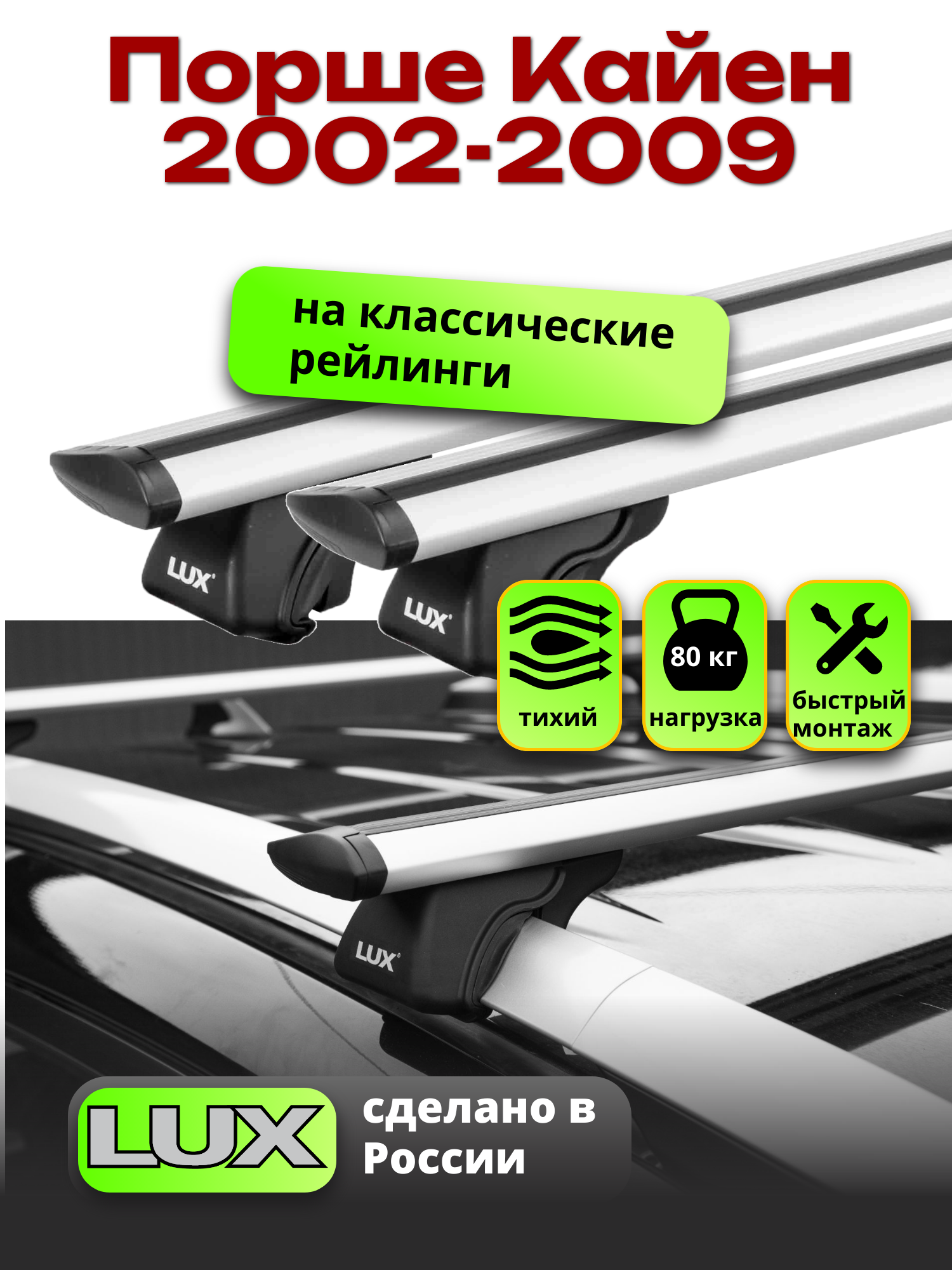 Багажник на крышу Порше Кайен 2002-2009 на рейлинги, LUX классик