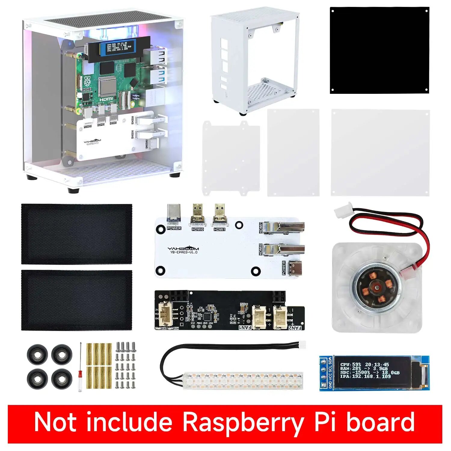 Защитный комплект корпуса Raspberry Pi 5 с охлаждающим вентилятором, цветной подсветкой RGB и дисплеем экрана 0,96, электронный корпус «сделай сам», поддержка SSD M.2, Basic version