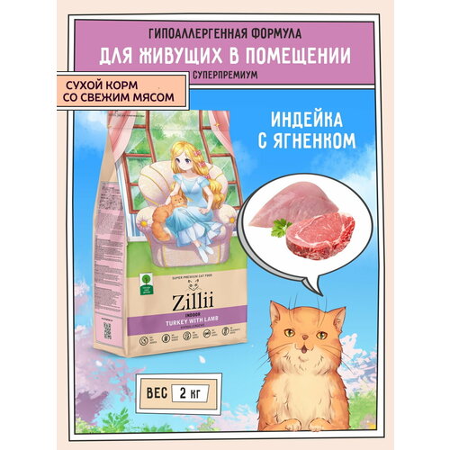 Корм для кошек сухой живущих в помещении 2 кг, гипоаллергенный ZILLII (Зилли) Indoor, Индейка с Ягнёнком