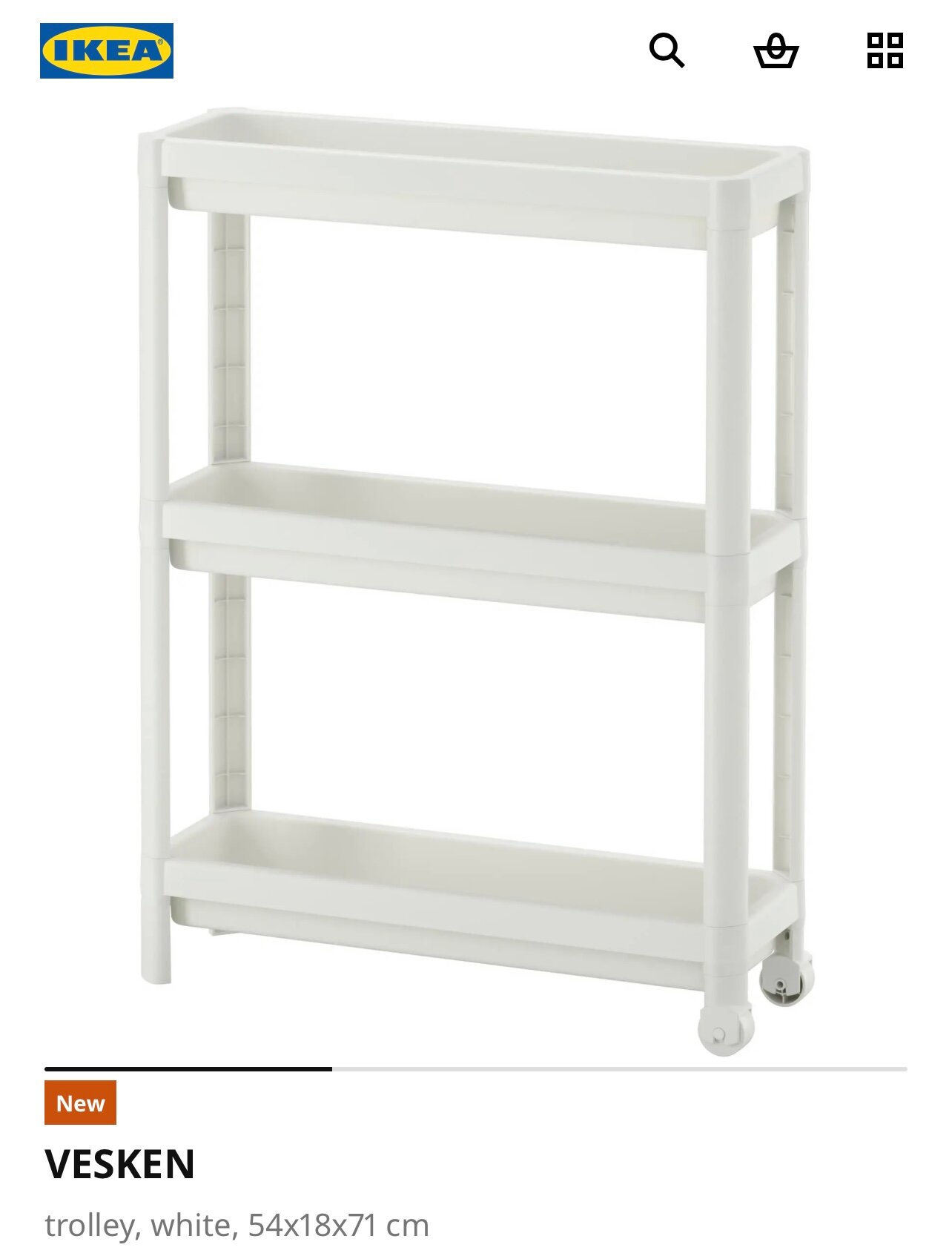Тележка-этажерка IKEA VESKEN 54x18x71см, белый, 3 полки, пластик