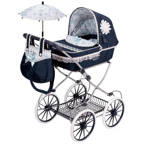 Decuevas Toys Коляска для куклы Романтик с сумочкой и зонтиком 81 см темно-синяя с белым 81025