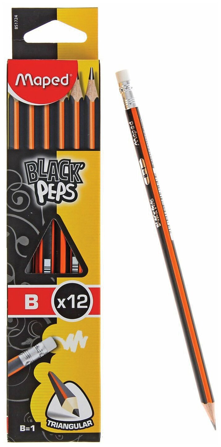 Набор карандашей чернографитных MAPED, 12 шт., "Black Pep's Deco", B, трехгранные, с резинкой, 851724