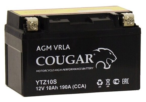 Аккумулятор для мотоцикла и скутера Cougar AGM VRLA 12V 10 А/ч 190 А прям. пол. залит/заряжен YTZ10S (150х87х93)