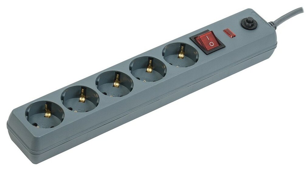 Сетевой фильтр IEK СФ-05К-выкл, 3,5 кВт, 16 А, с заземлением, с кнопкой, 5 розеток, 5 м, серый