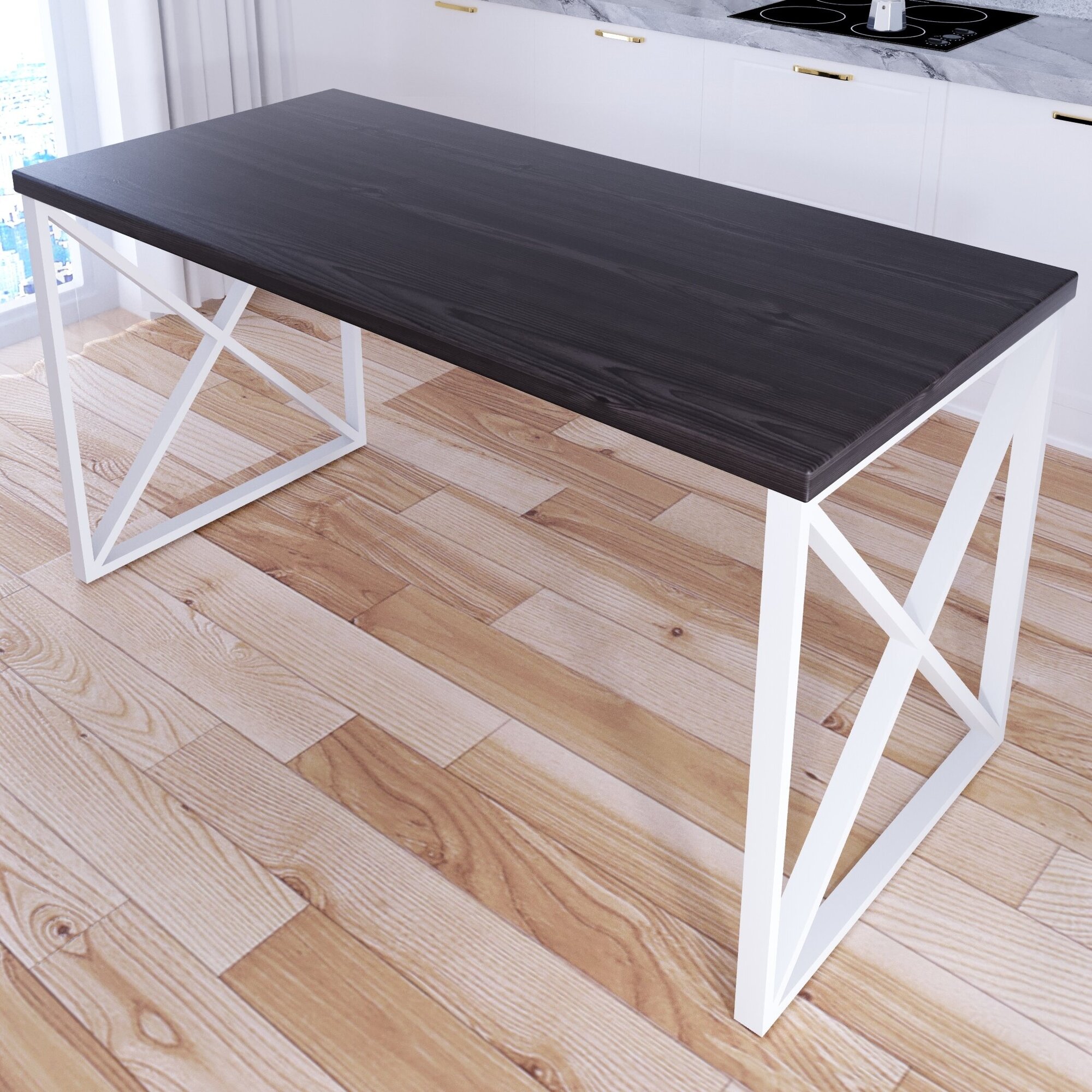 Стол кухонный Loft со столешницей цвета венге из массива сосны 40 мм и белыми металлическими крестообразными ножками, 130х60х75 см