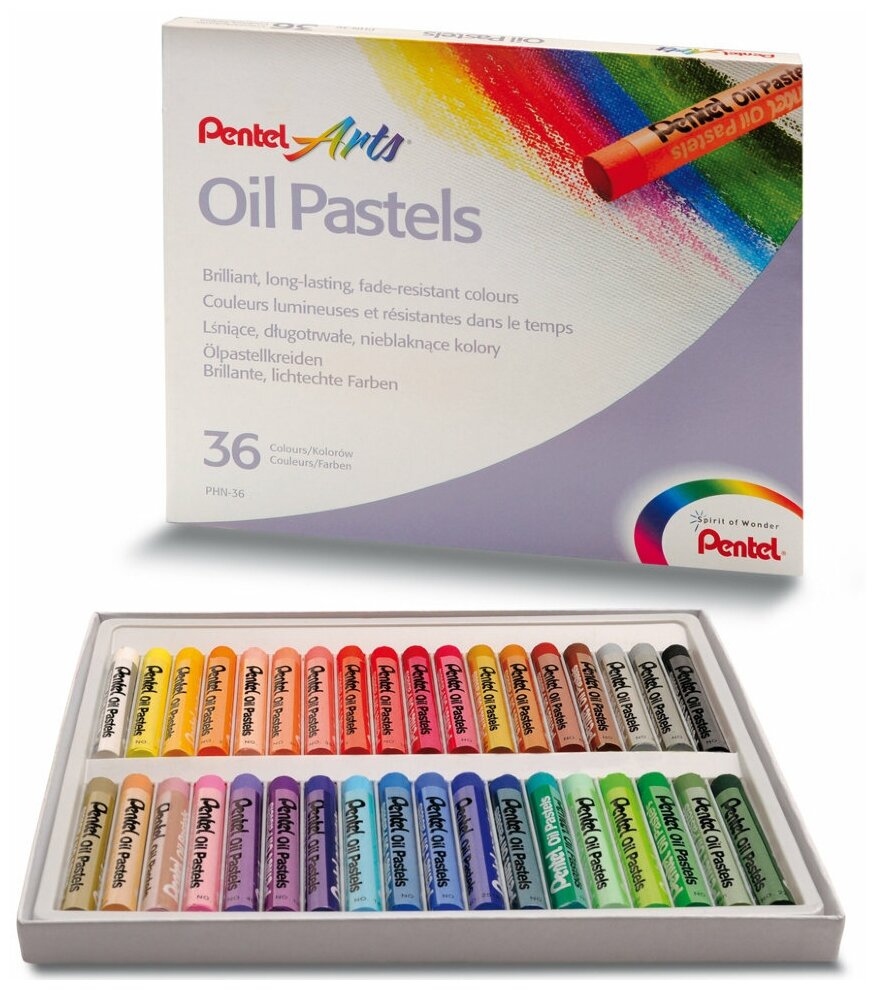 Пастель масляная художественная PENTEL "Oil Pastels", 36 цветов, круглое сечение, карт. упак, PHN4-36