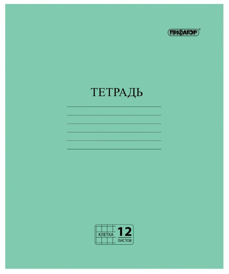 Тетрадь зелёная обложка 12л, клетка с полями, офсет №2 эконом, "пифагор", 104984