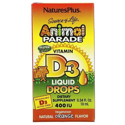 NaturesPlus Source of Life Animal Parade Vitamin D3 Liquid Drops (витамин D3 в жидких каплях) c натуральным апельсиновым вкусом 400МЕ 10 мл