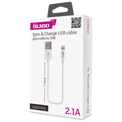 Кабель Olmio, USB 2.0 - Lightning, ПР038655, белый, 1 м кабель lightning 1м apple круглый белый