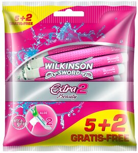 Фото Женские бритвенные станки одноразовые WILKINSON SWORD Schick EXTRA2 BEAUTY (7 станков), 2-лезв., увл.полоска, прорезиненная ручка, система Push/Clean