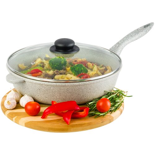 фото Сковорода глубокая 28 см elan gallery гармония вкуса серый агат с крышкой d28, несъёмная ручка
