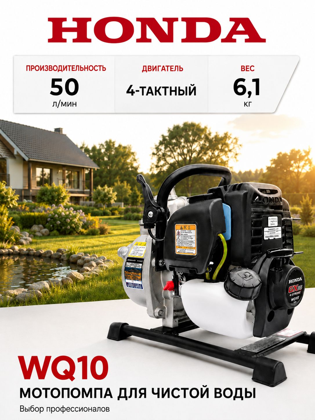 Мотопомпа бензиновая Honda WQ10DF1, поверхностный насос для воды