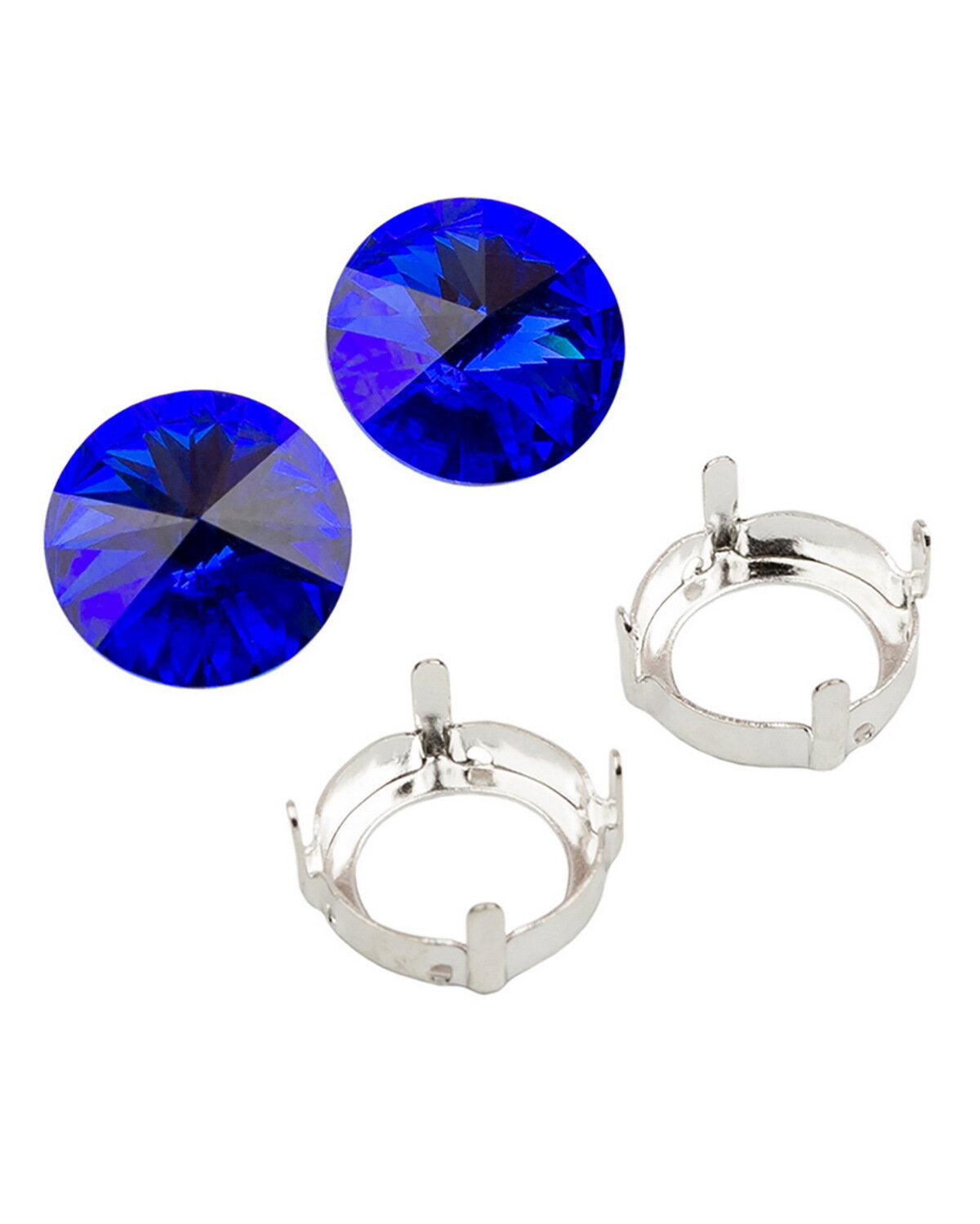 Swarovski Rivoli ss 47 (105 мм) круглые цвет Majestic Blue (#296) 2 шт. + оправа с цапами и отверстиями для пришивания 2 шт.