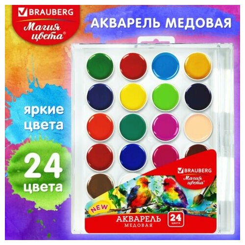 Краски акварельные BRAUBERG магия цвета NEW, медовые, 24 цвета, круглые кюветы, пластиковый пенал, 192365