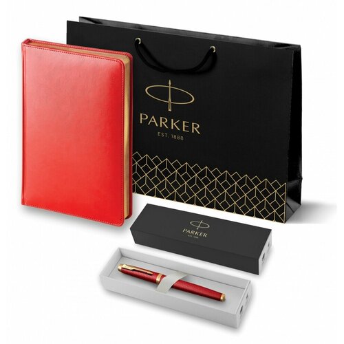 ручка перьевая parker im premium f318 2143649 Подарочный набор: Ручка перьевая Parker IM Premium F318 Red GT, цвет чернил синий и красный недатированный ежедневник с золотым срезом