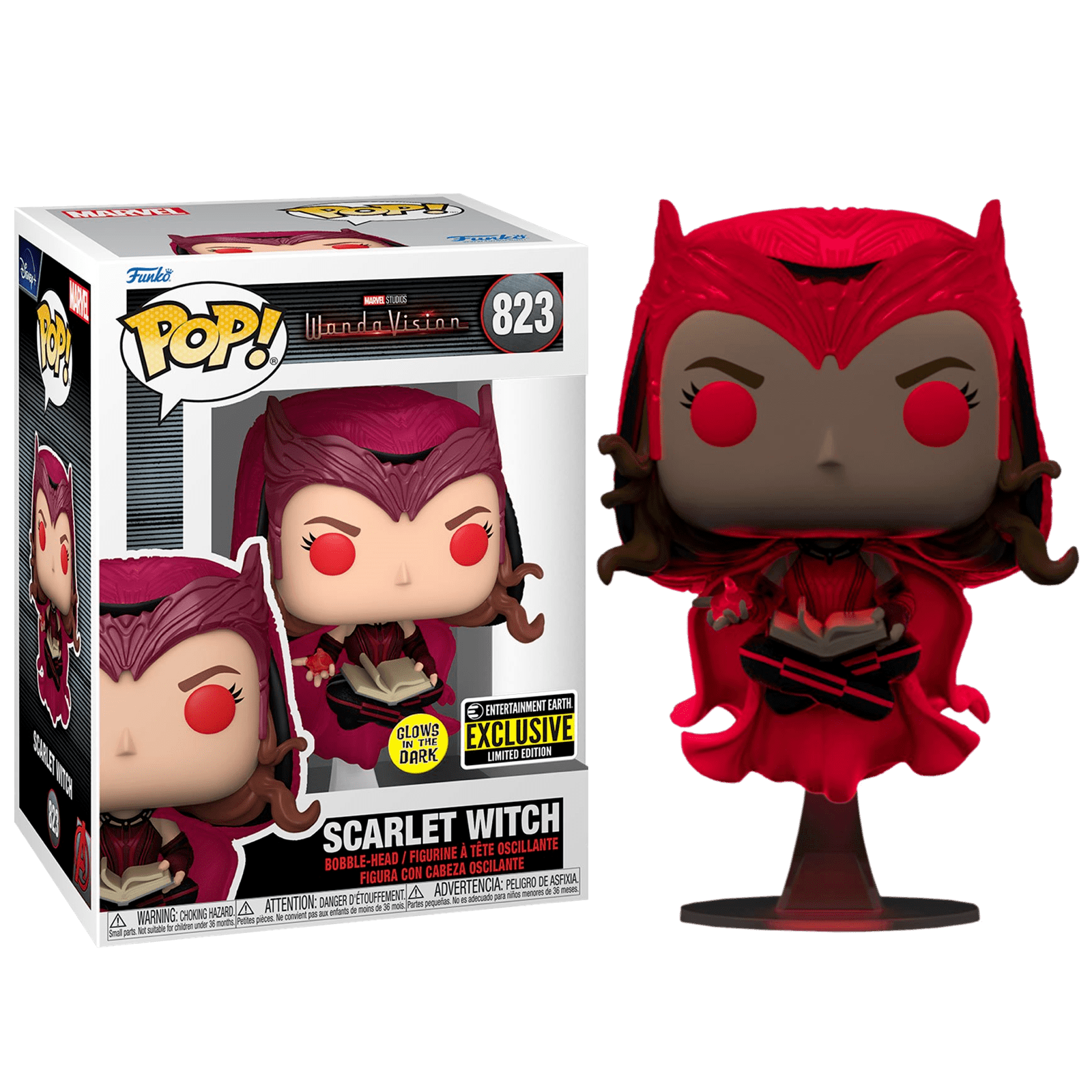 Фигурка Funko POP Scarlet Witch Wanda with Darkhold GitD со стикером Elizabeth Olsen (Эксклюзив Entertainment Earth) из сериала WandaVision 823