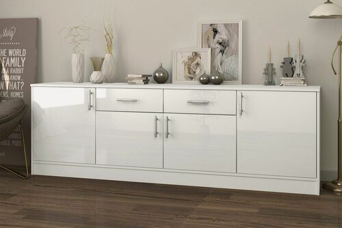Изображение товара Комод Ричард 2.4 210х42х70 МДФ глянец белый DM635-6, корпус белый гладкий, 4 дверцы и 2 ящика