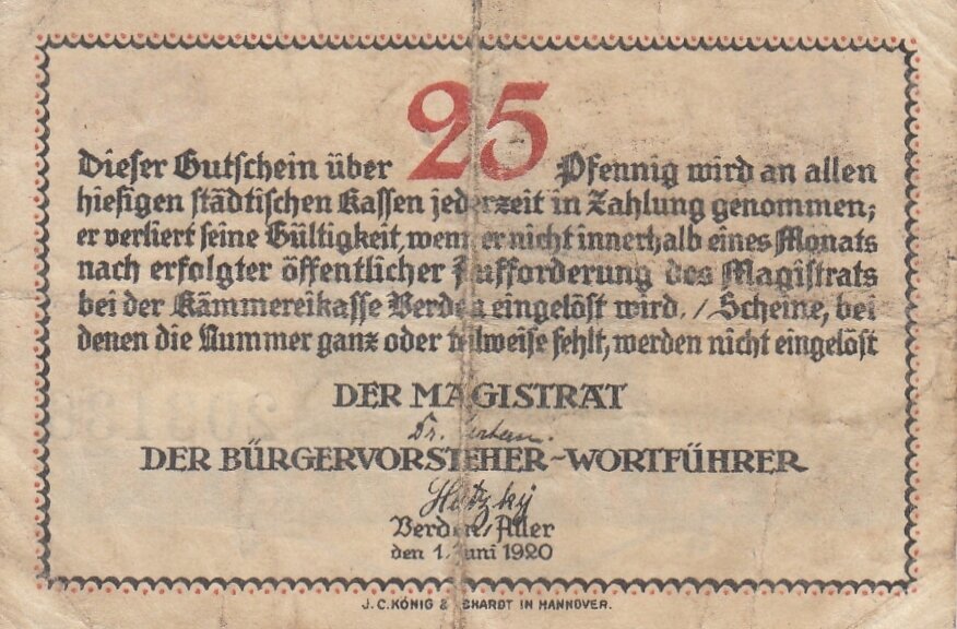 Германия (Веймарская Республика) Ферден (Аллер) 25 пфеннигов 1920 г. (2)