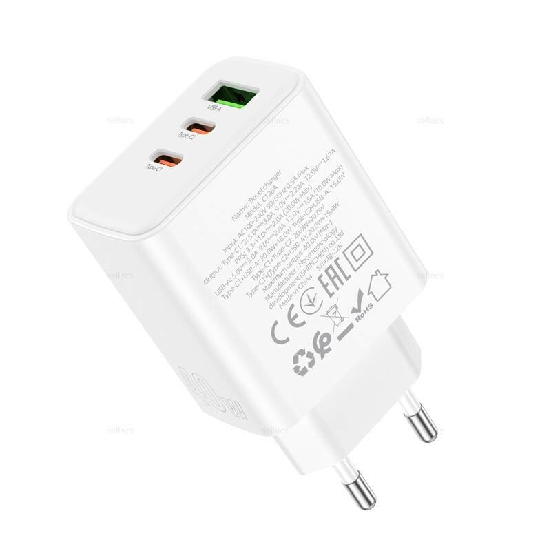 Сетевое зарядное устройство Hoco C126A, 1xUSB + 2xType-C, кабель Type-C To Lightning, QC 3.0, PD 40W, белый — фото 8