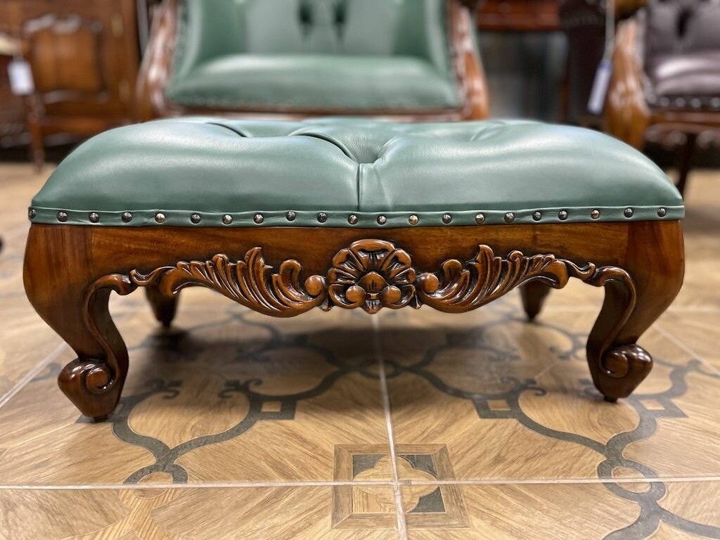 фото Пуф кожаный Индонезия из массива красного дерева 29х67х32см (зеленая кожа)