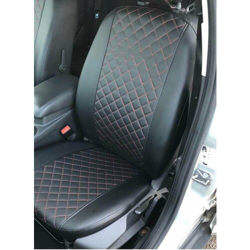 Авточехлы с ромбом для Volkswagen Polo (2012-2021), задняя спинка 60/40 (раздельная) / Черные с красной нитью