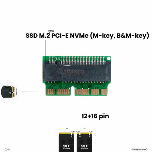 адаптер переходник для установки оригинального диска ssd apple 12 16 pin от macbook air pro retina imac mac pro 2013 2017 в слот pcie 3 0 x4 x8 x16 Адаптер-переходник для SSD M.2 2280 PCI-E NVMe в разъем 12+16 pin MacBook Air 11/13, Pro Retina 13/15, iMac 21.5/27, Mac Pro, 2013-2019, N-941A