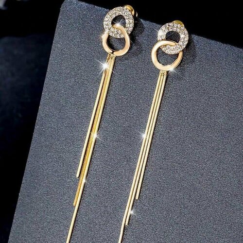 фото Серьги цепочки серьги "два кольца с цепочкой", кристалл, размер/диаметр 60 мм, белый, золотой yulianna