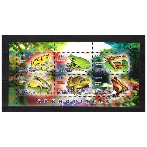 конго обезьяны фауна почтовые марки 2014 лист блок Почтовые марки Конго 2012 г. Фауна. Земноводные. Лягушки. Малый лист. MNH(**)