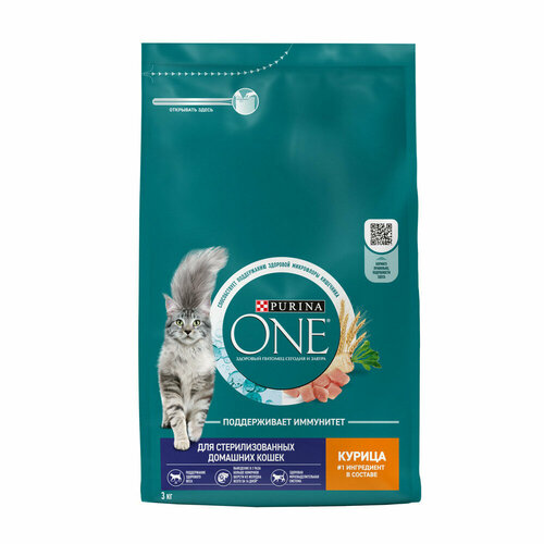 Purina One корм для домашних стерилизованных кошек и кастрированных котов Курица, 3 кг.