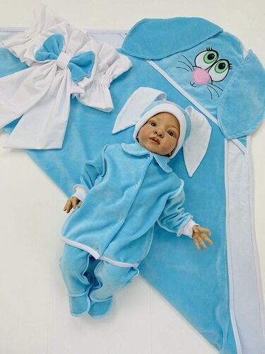 Изображение товара Конверт на выписку ALMeretskaya, для новорожденных, летний, велюровый, голубой, 0-6 месяцев