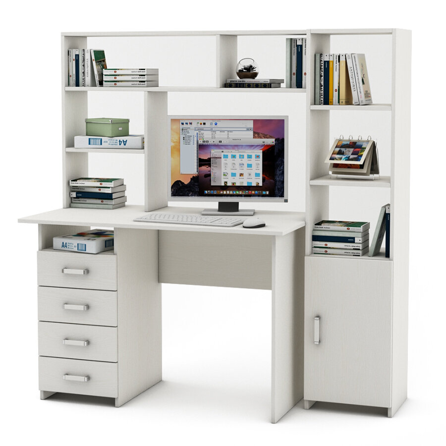 Письменный стол Таллен 4 с надстройкой и стеллажом цвет: Белый