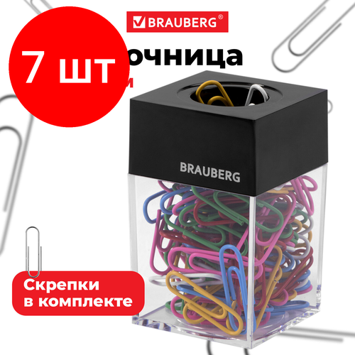 Комплект 7 шт, Скрепочница магнитная BRAUBERG со 100 цветными скрепками 28 мм, прозрачный корпус, 228401 скрепочница attache магнитная пластиковая со скрепками