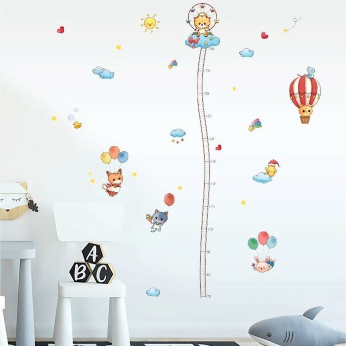 Интерьерная наклейка КНР "Зверята в облаках", ростомер, пластик, цветная, 60х45 см