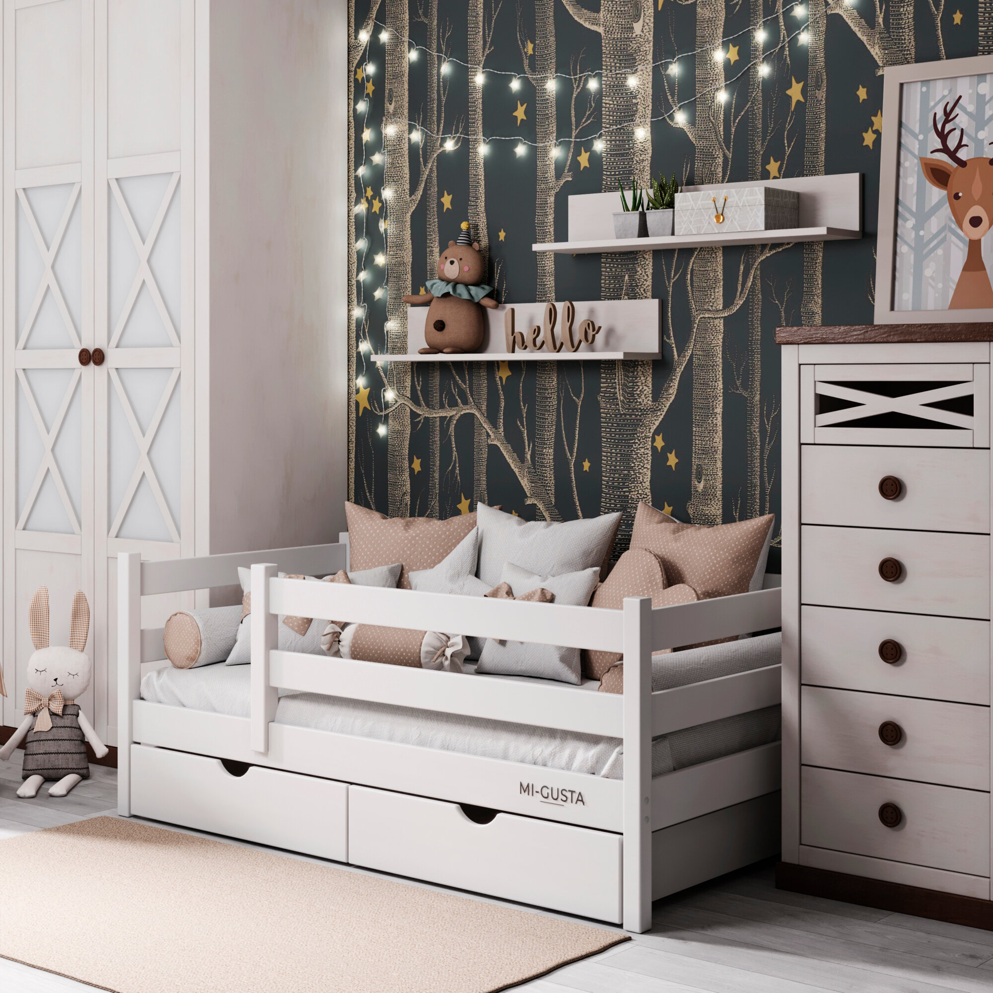 Детские Кроватки Xiaomi Детская односпальная кровать Mi-Gusta Renua, 160x80 см, из массива берёзы, белая