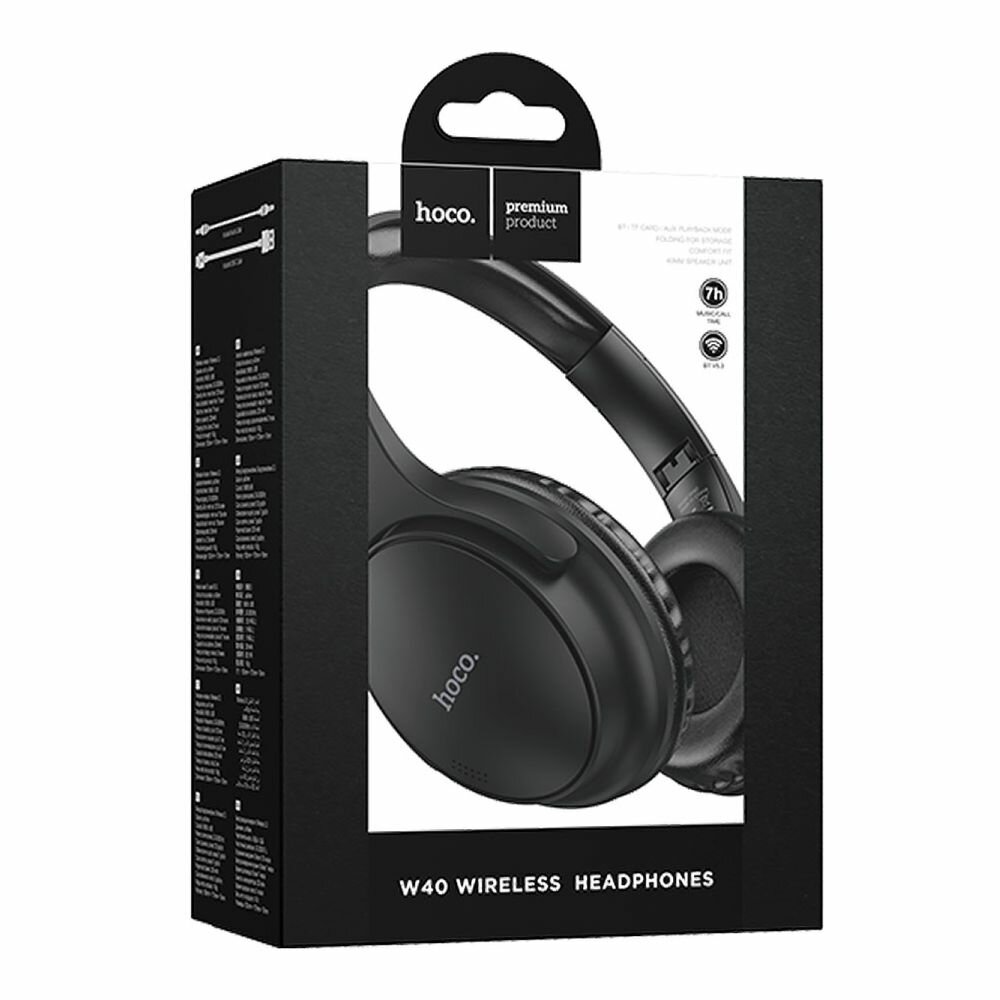 Bluetooth гарнитура HOCO W40 Mighty BT5.3, AUX/microSD/Type-C, накладная, громкость +/- (черный) — фото 1