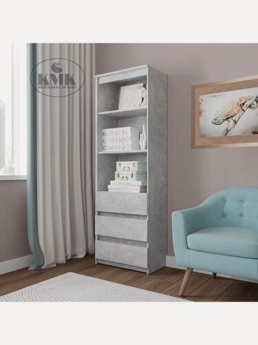 Изображение товара Шкаф пенал КМЗ, ЛДСП, 180х60x36 см, 3 ящика и полки, шариковые направляющие, серый