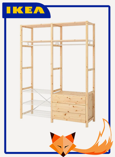 Изображение товара Стеллаж IKEA Ivar 174х50х226 см 4 деревянные полки/ 3 проволочные полки/2 штанги для одежды/комод