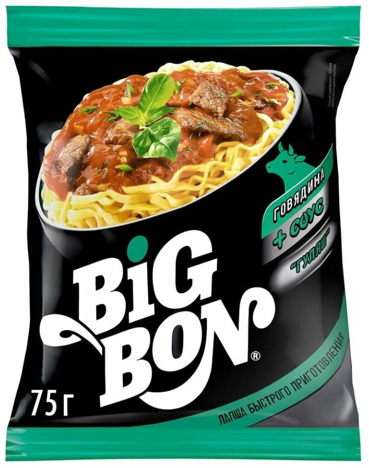 Лапша Big Bon Говядина + соус гуляш 75 гр - 12 штук — фото 1