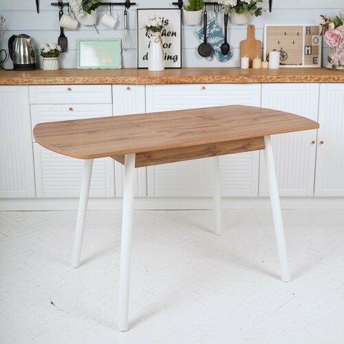 Стол кухонный обеденный раздвижной Виннер мини, дуб вотан, опоры металл белые, 94/126х64х75 см.