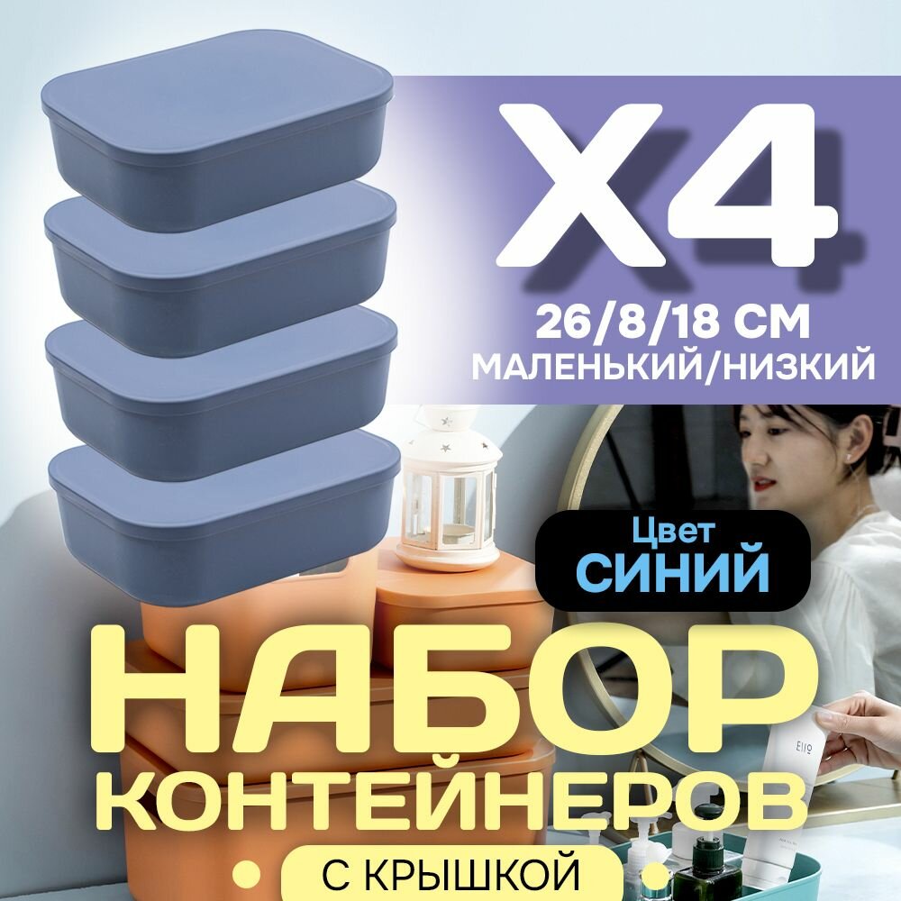 Набор из 4-х контейнеров с крышкой для хранения пластиковый цветной SH179 (синий низкий маленький)