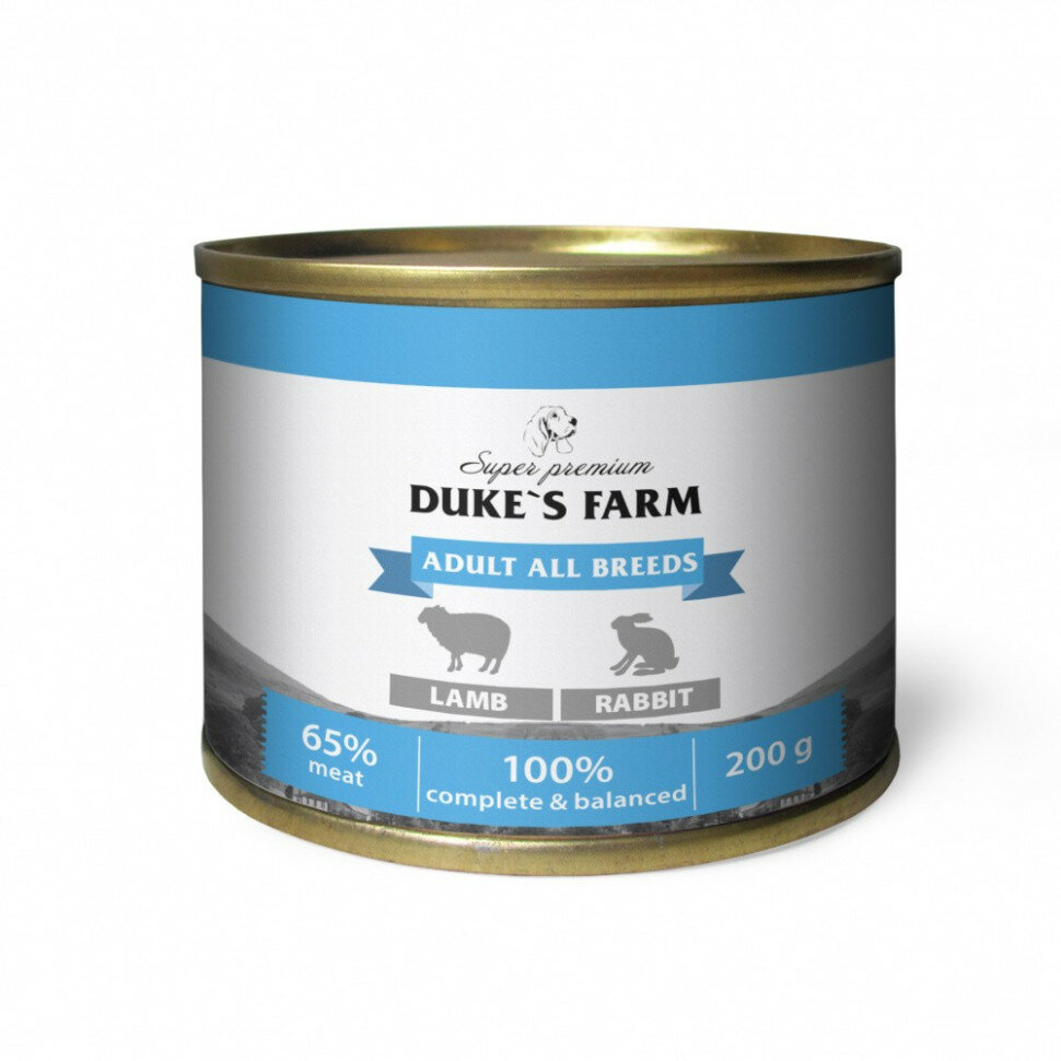 фото Duke's Farm влажный корм для взрослых собак паштет из ягненка с кроликом, в консервах - 200 г х 24 шт