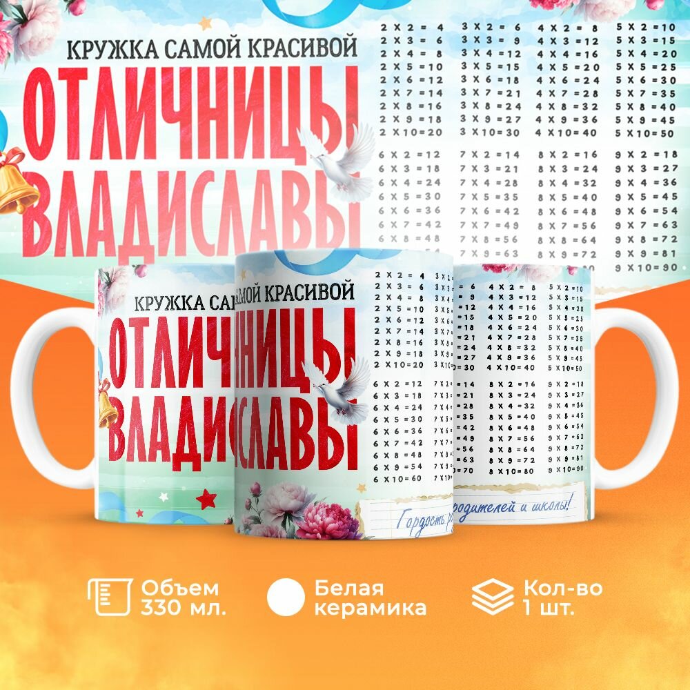 Кружка, "Самой красивой отличницы Владиславы", на день рождения дочки, в подарок для девочки, внучки с таблицей умножения 330 мл