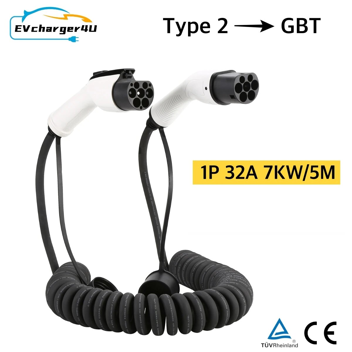 EVcharger4U IEC62196 Тип 2–GBT Спиральный кабель для зарядки электромобилей 1 фаза/3 фазы 32A 5M Тип2 ГБ/T Спиральный кабель EVSE для китайских электромобилей, 1P 32A 7KW 5M