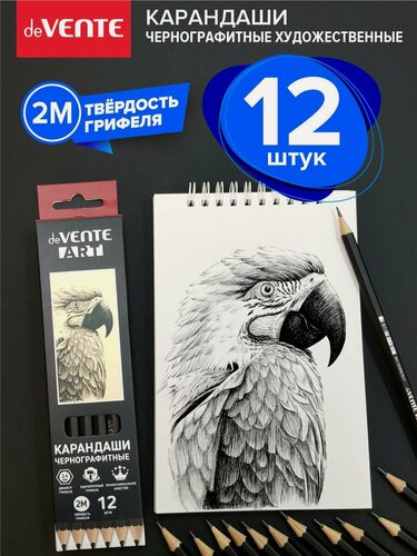 Изображение товара Карандаши простые твердостью 2М художественные профессиональные чернографитные 12 шт.