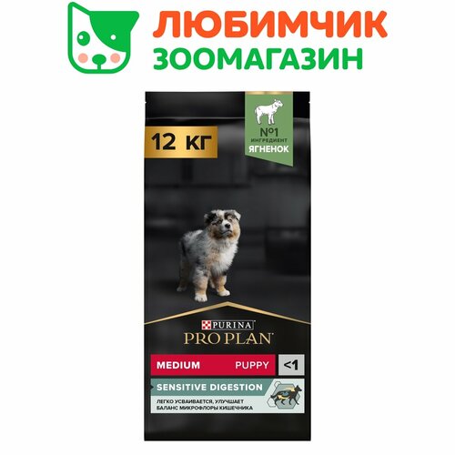 Pro Plan корм для щенков средних пород, с чувствительным пищеварением, с высоким содержанием ягненка 12 кг