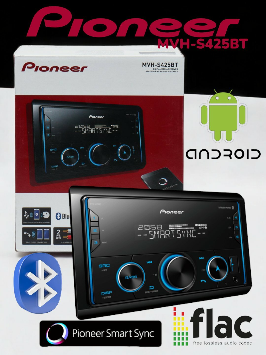 Автомагнитола Pioneer "MVH-S425BT", Android, Bluetooth, 13-полосный эквалайзер