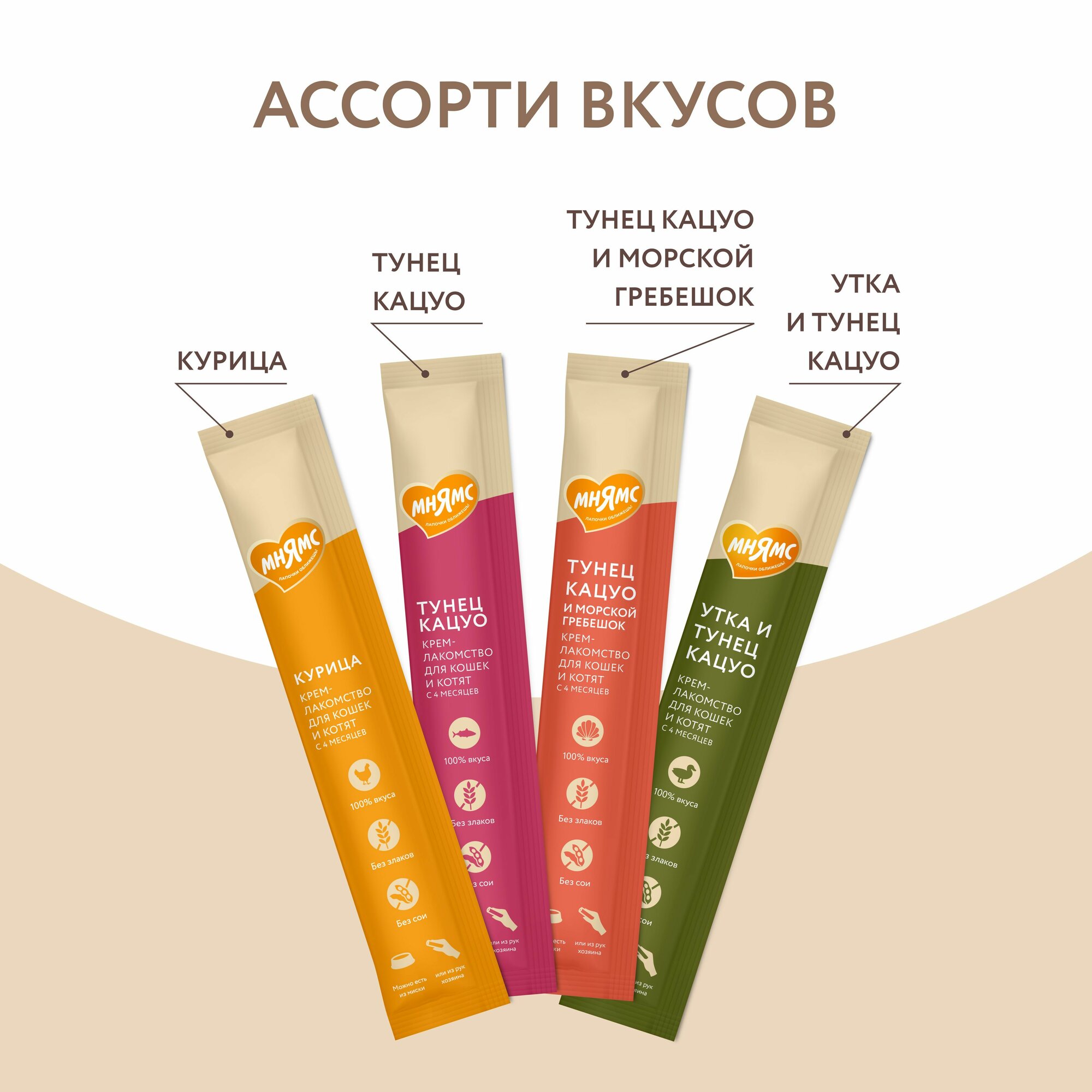 Картинки Крем лакомство для кошек и котят Мнямс Ассорти вкусов 20 шт *15 гр