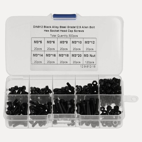 Изображение товара 300pcs Hex Vints Nuts Assortment M3 Bolts Cap Bolts комплекты Сплав стальной крепеж DIN912